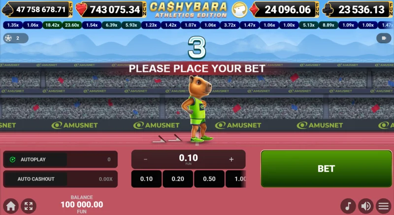 Cashybara Athletics Edition - glavni ekran trke sa brojačem koeficijenta